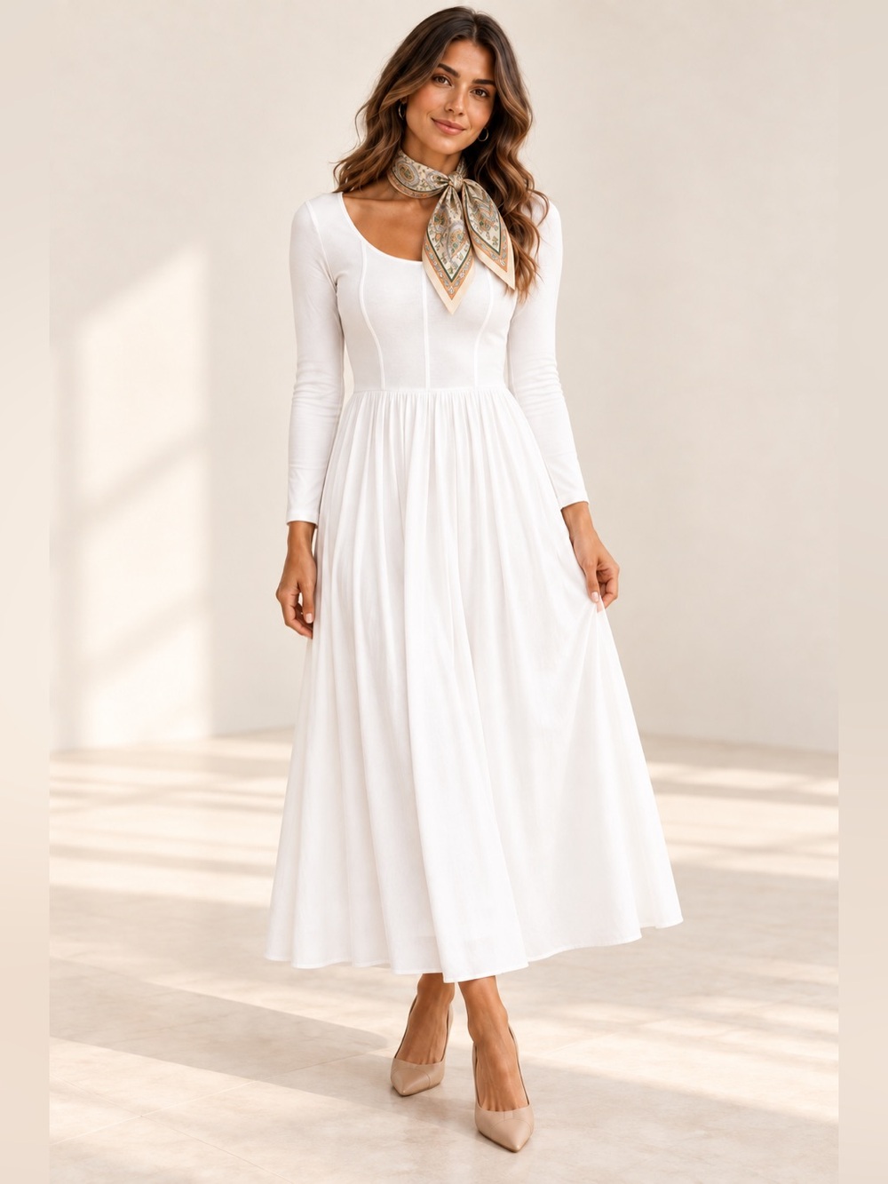 White Long Sleeve Scoop Neck Maxi Dress